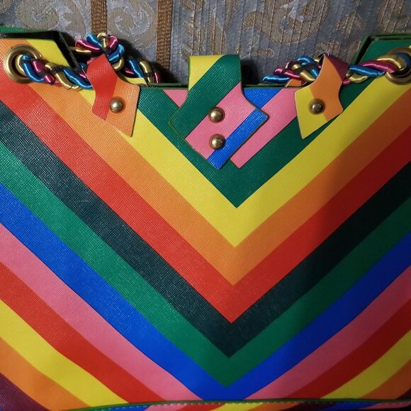 Rainbow Colorful Chevron Tote Purse Bag With Rope Handle - Picture 3 of 4